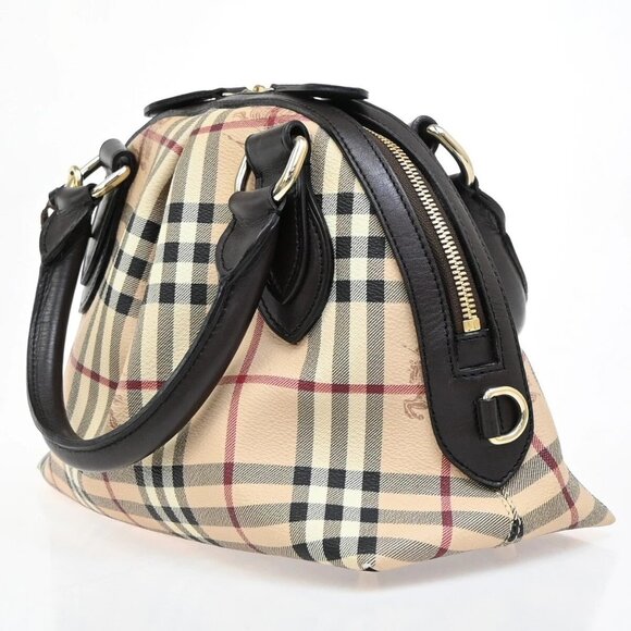 BURBERRY Logo Nova Hand Bag Check PVC Leather Brown GHW 87RF419 - Picture 2 of 16